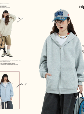 high rain 美式街头灰色双头拉链开衫女秋冬季新款氛围感帽衫外套