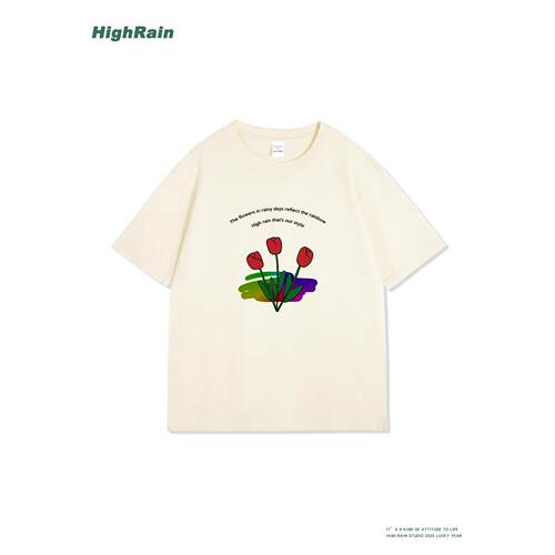 HighRain郁金香彩虹英文印花短袖