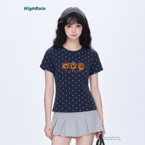 HighRain藏青色波点短袖T恤女夏