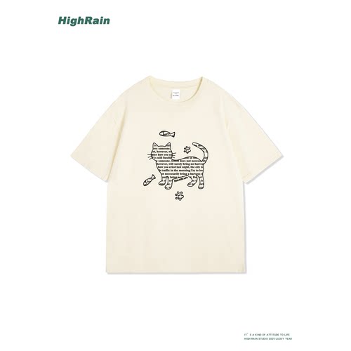 HIGHRAIN重磅纯棉猫咪T恤上衣潮