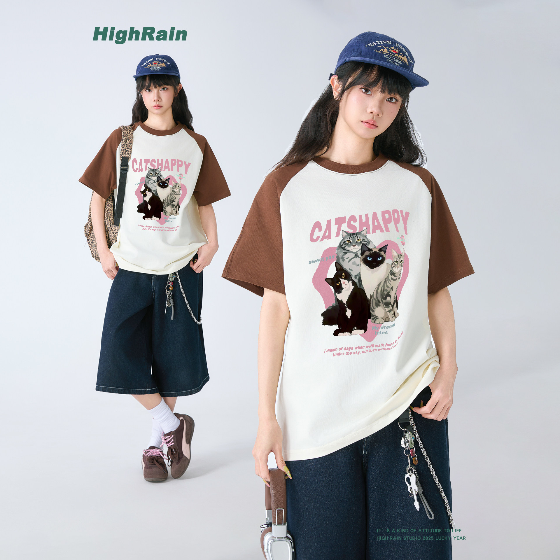 HighRain日系复古可爱猫咪印花T恤女夏季插肩袖拼色宽松显瘦百搭
