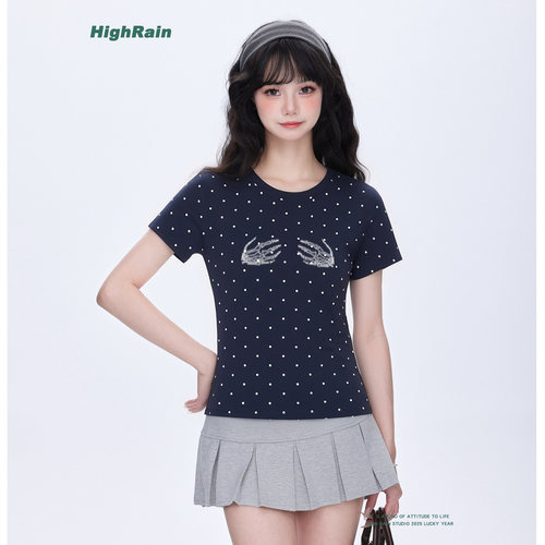 HighRain深蓝色波点烫钻短袖T恤