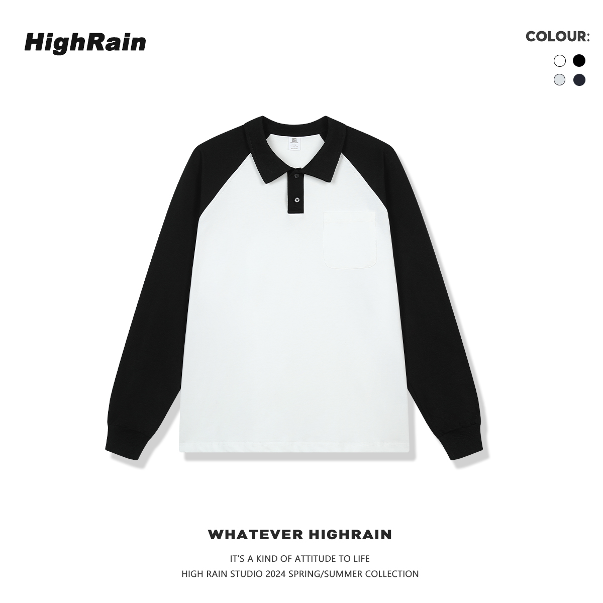 日系撞色拼接polo领长袖T恤女宽松纯棉上衣学院风情侣卫衣外套男