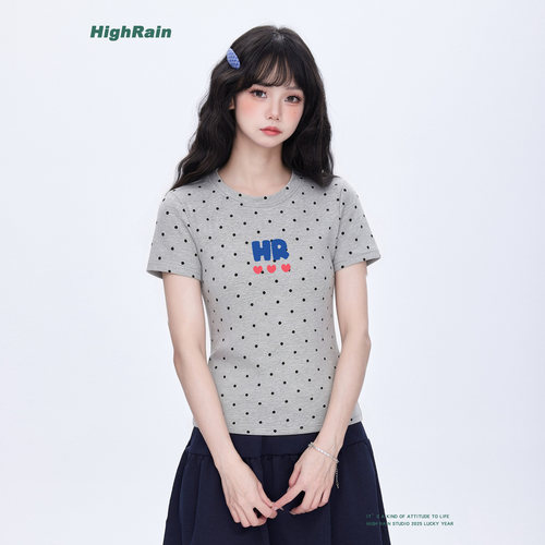 校园风灰色波点短袖短款T恤女