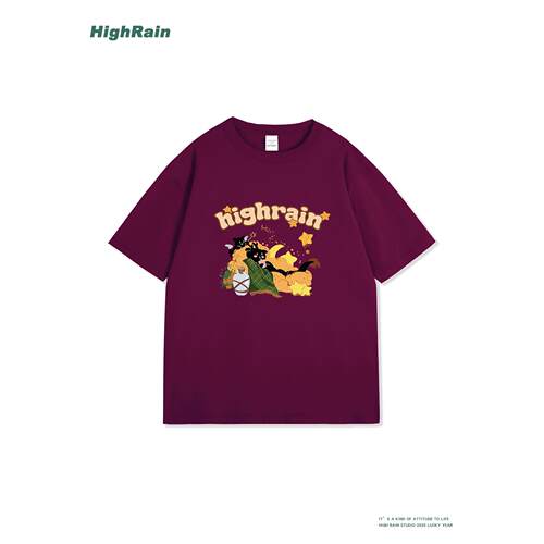 HighRain紫色卡通印花T恤男女潮