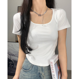 半袖 T恤女弹力收腰修身 清仓价 设计感鱼骨短上衣 方领正肩短袖