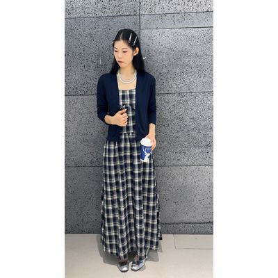 2025春秋新款时尚气质格子吊带连衣裙开衫外套两件套女显瘦套装潮