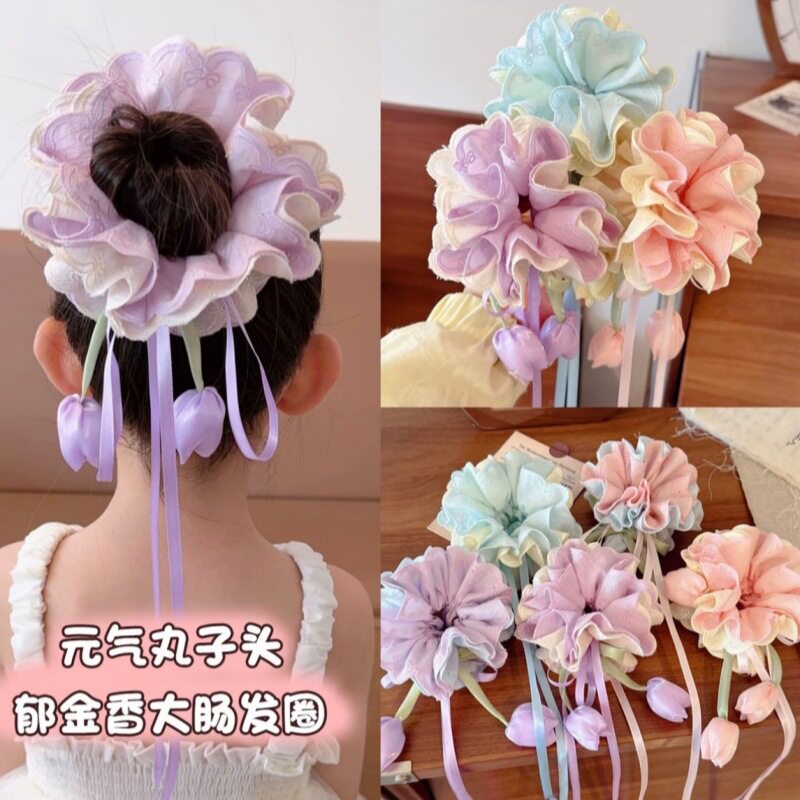 儿童郁金香大肠发圈女童发绳韩系清新甜美发饰马尾花朵丸子