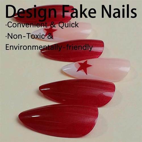 French Fake Nails Red Five-pointed Star False Nails Full Cov