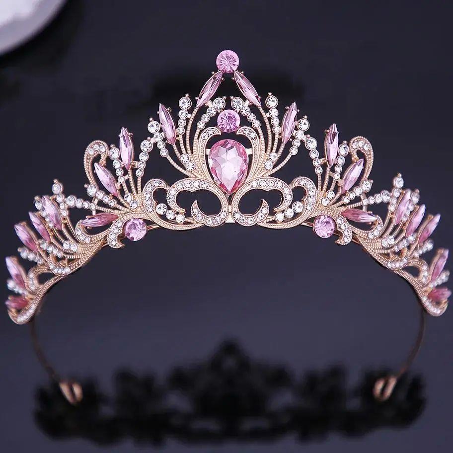 Elegant Korean AB Pink Red Crystal Tiara Crown Women Girls P