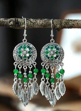 Vintage Ethnic Crystal Bead Leaf Dangle Earrings for Women S