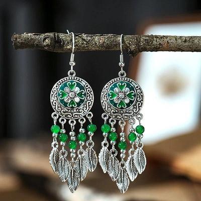 Vintage Ethnic Crystal Bead Leaf Dangle Earrings for Women S