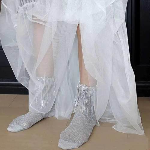 Sequin Socks For Women Vintage Glitter Line Tassel Trim Calf