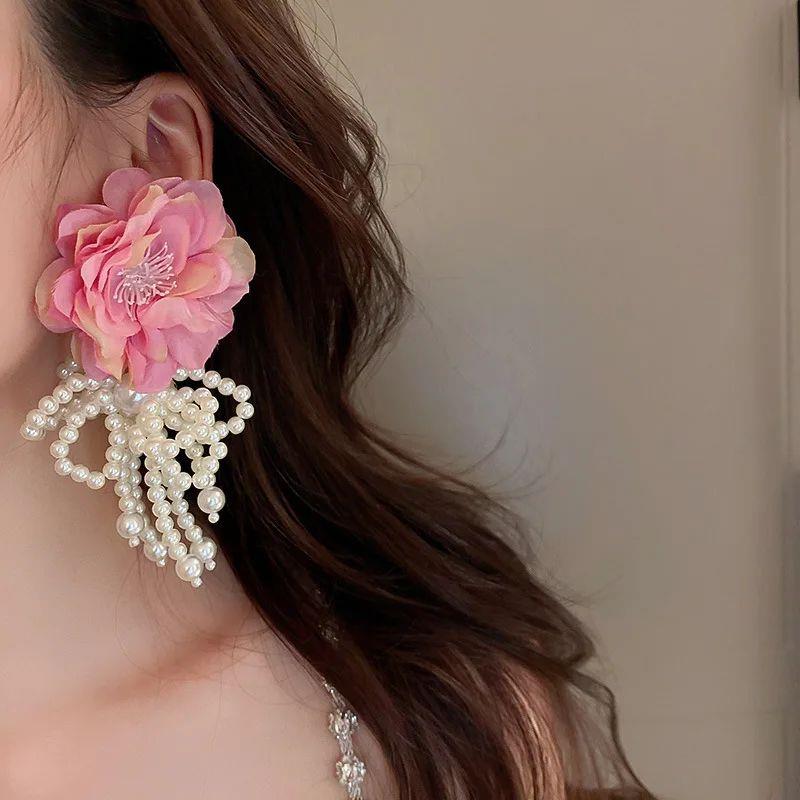 New Bohemian White Pink Big Cloth Flower Earrings For Women