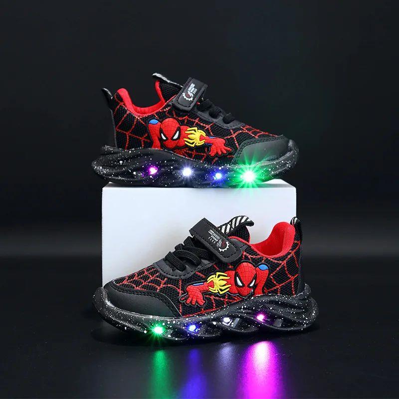 LED Casual Sneakers Red Black For Spring Boys Spiderman Mesh