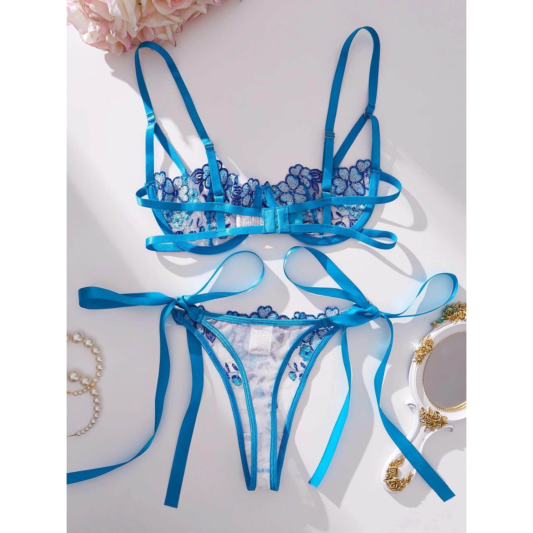 Lady Floral Embroidery Lingerie Set Women Sheer Bra and Brie