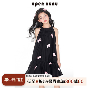 opennunu女童蝴蝶结天丝压褶连衣裙夏季甜心挂脖显瘦氛围感长裙