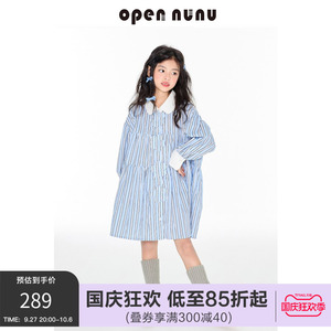 opennunu女童蓝条纹花朵娃娃裙秋甜美polo领泡泡袖宽松A字连衣裙