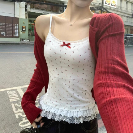 白色碎花蝴蝶结蕾丝花边吊带背心女夏季内搭外穿性感辣妹短上衣