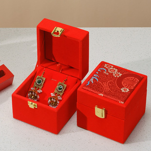 凤舞九天红绒锻锦布刺绣款耳钉耳环对戒中国风凤戒收纳珠宝展示盒
