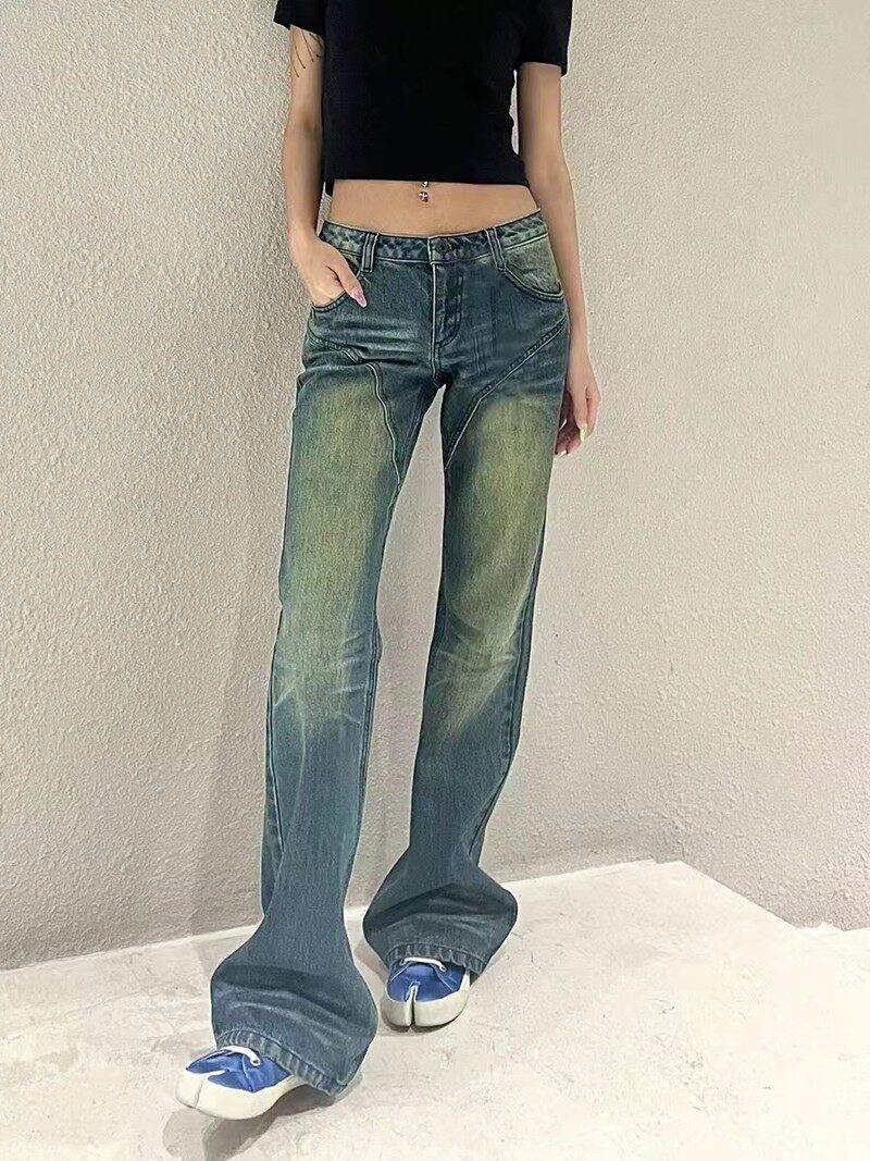 BLUE DISTRESSED MICRO-FLARED JEANS WOMAN LOW WAIST LOOKS THIN AMERICAN RETRO HIGH STREET TALL EXTENDED MOP PANTS