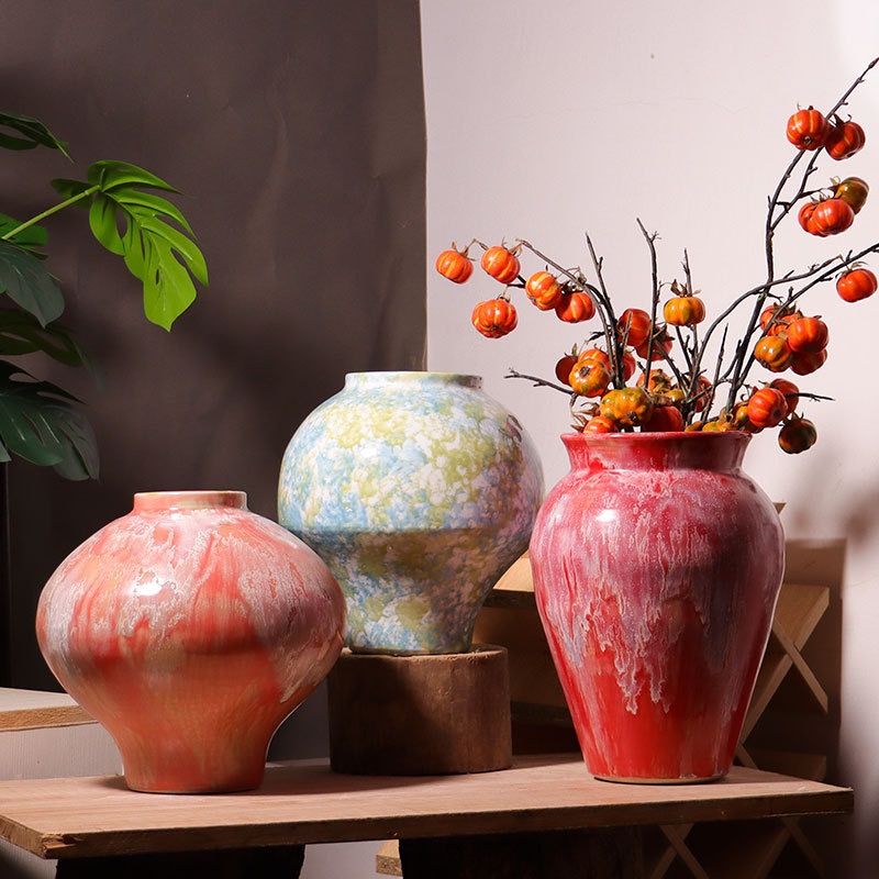 景德镇复古陶瓷花瓶插花高级感油画风玄关客厅电视柜创意仿古摆件