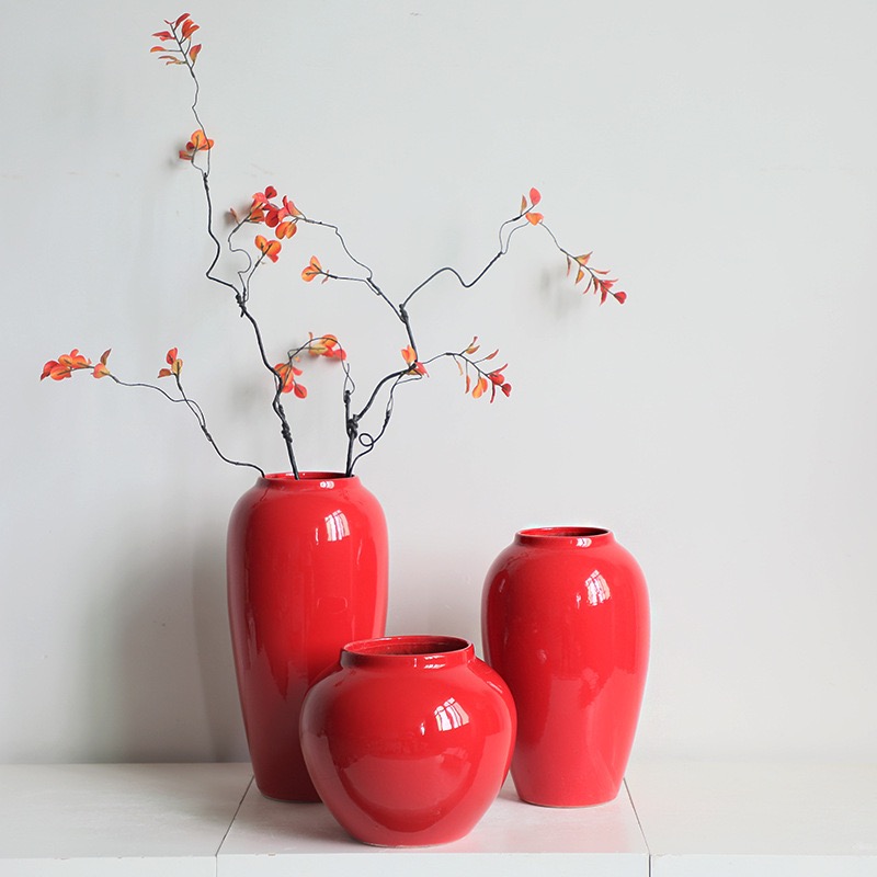 景德镇红色陶瓷花瓶多肉绿植花盆粗陶罐客厅桌面装饰摆件新剧花瓶