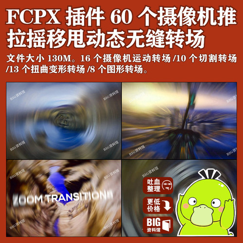 FCPX插件60个摄像机推拉摇移甩动态无缝转场过渡效果特效预设