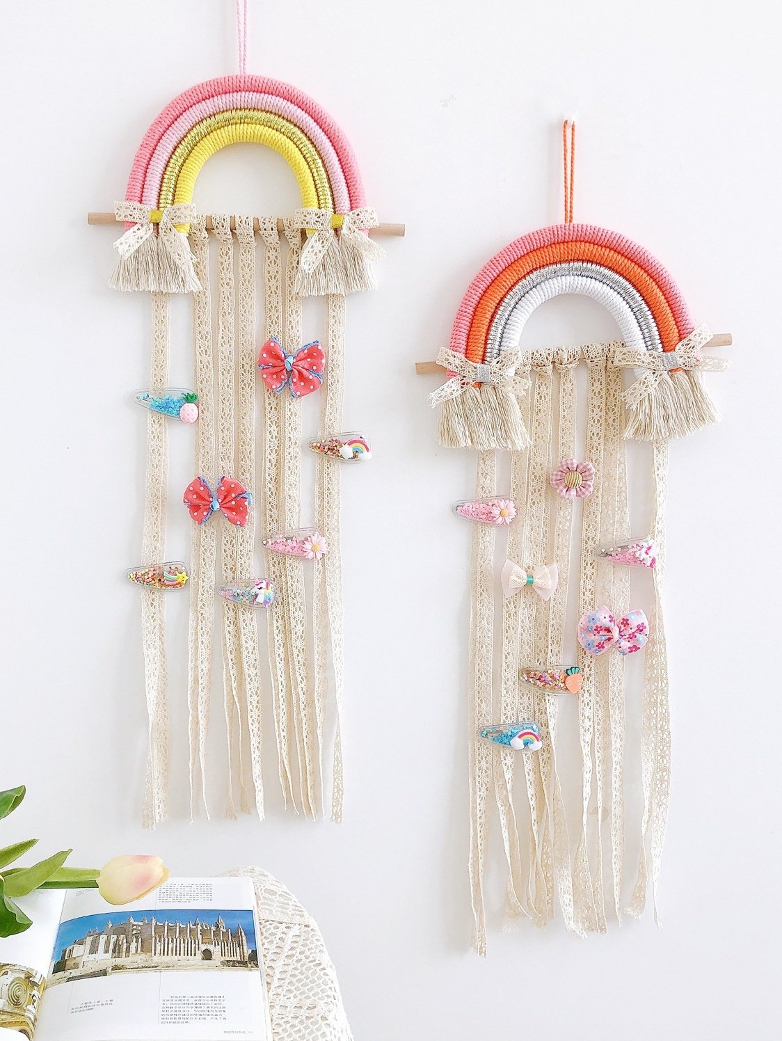 发饰收纳带装饰壁挂头饰整理带北欧风编织彩虹儿童发夹整理架挂墙 优美淘