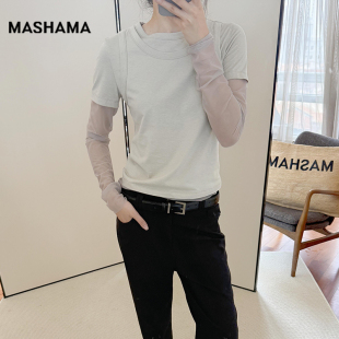 T恤女圓領修身 MASHA 顯瘦上衣 白色假兩件網紗長袖 新款 2025秋季