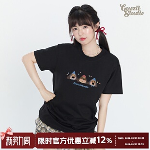 黑色2026春夏新款 t恤女可爱风显瘦小个子宽松情侣上衣潮 正肩短袖