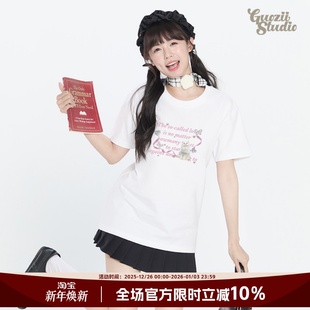 240g休闲情侣上衣 新款 甜酷风可爱猫咪正肩白色短袖 t恤女重磅夏季