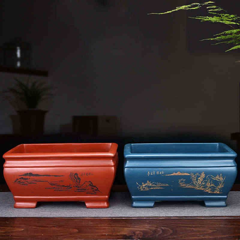 紫砂兰花盆精品方形手工刻绘客厅桌面花卉古典盆景盆榕树老桩包邮