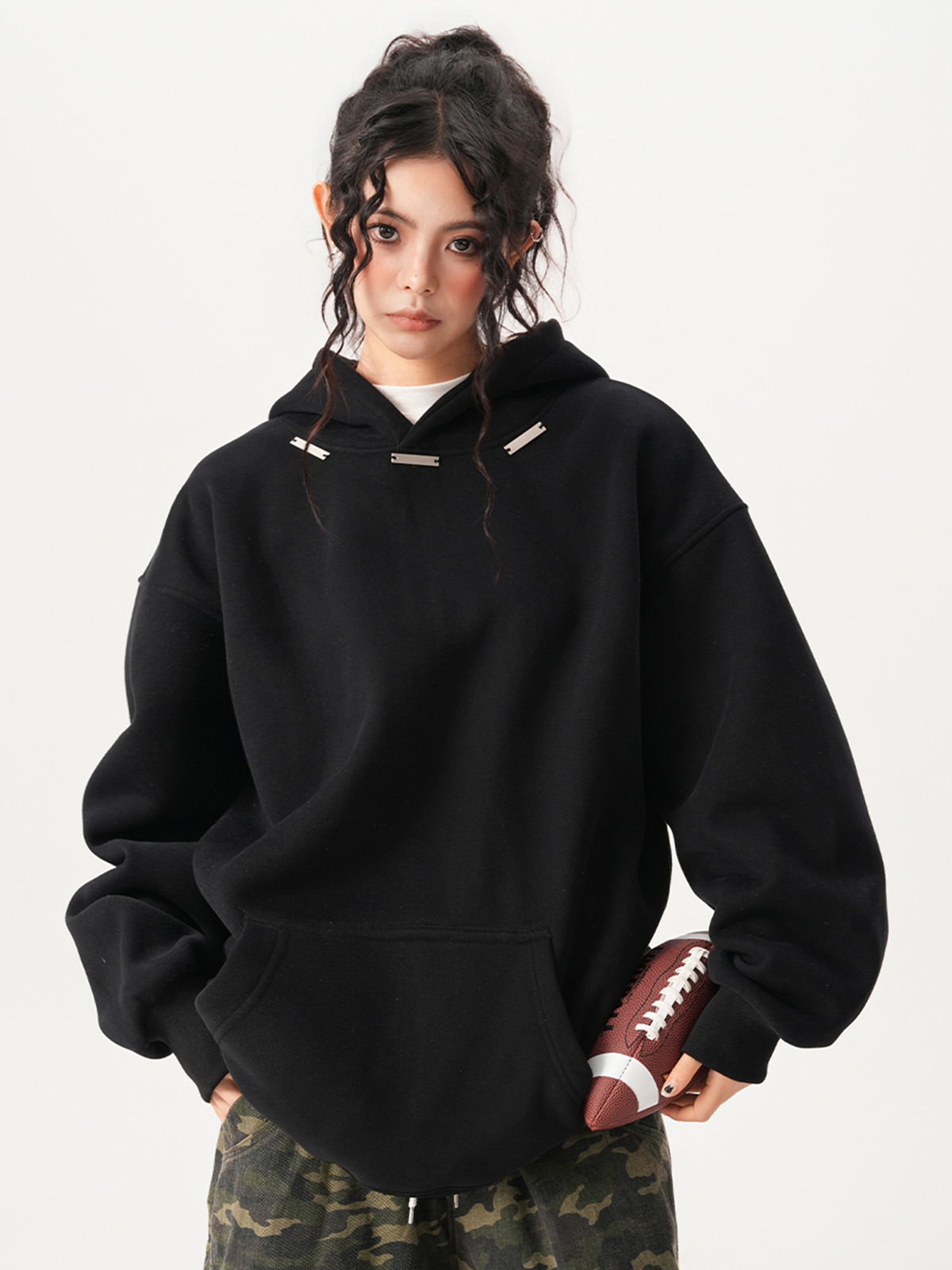 American-Style Heavyweight 420g Fleece-Lined Hoodie for Women and Men, Autumn and Winter Trendy Brand, Loose Design, Black Top