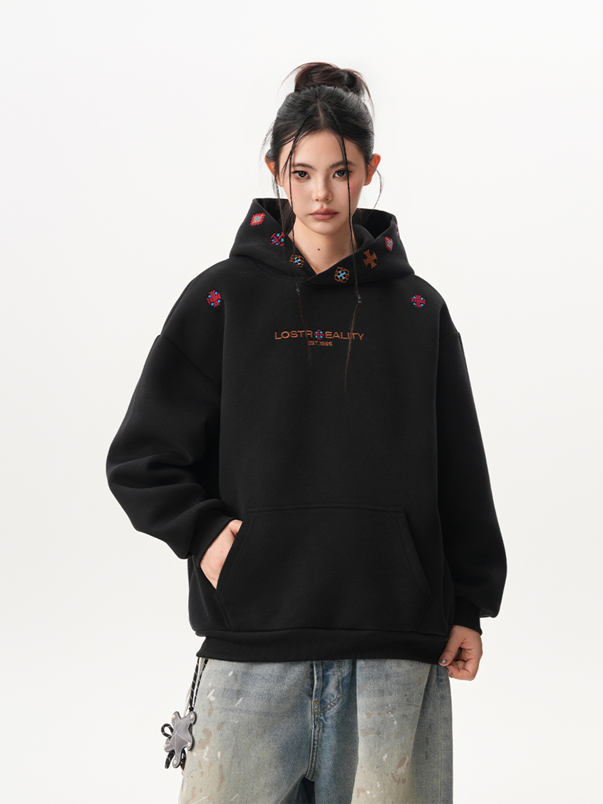 Heavyweight Ethnic Style Embroidered Hooded Sweatshirt for Women and Men, Autumn Trendy High Street Design Versatile Casual Hoodie