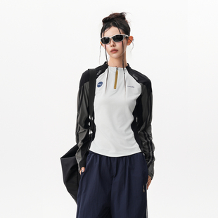 速干轻薄骑行服女男秋季撞色半拉链长袖T恤户外健身训练运动上衣