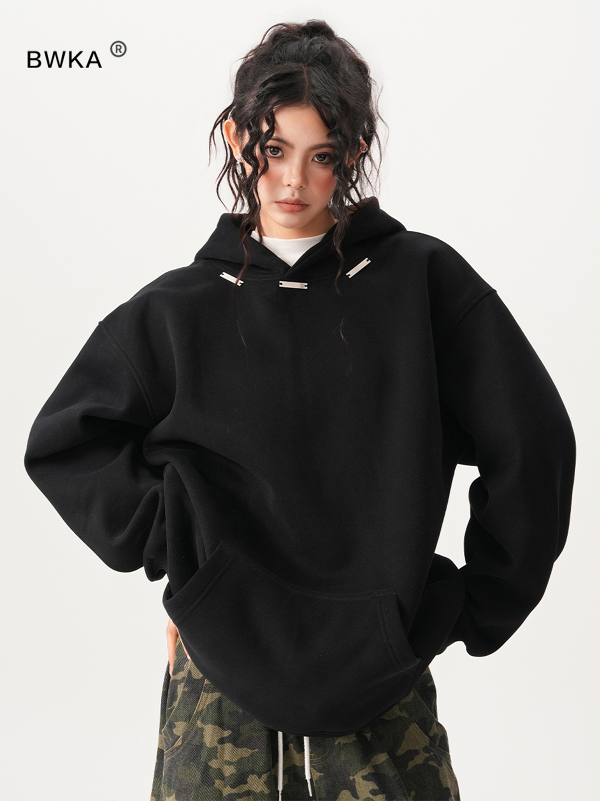 American-Style Heavyweight 420g Fleece-Lined Hoodie for Women and Men, Autumn and Winter Trendy Brand, Loose Design, Black Top