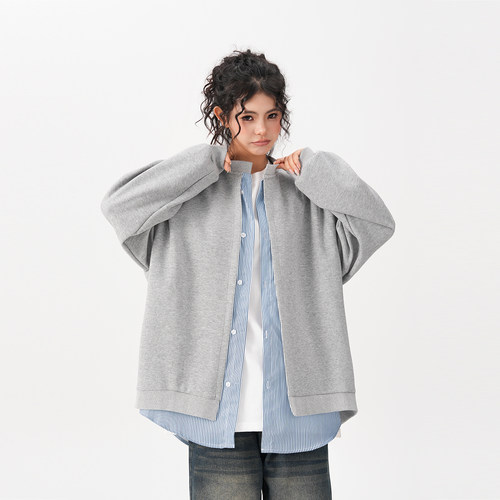 BWKA美式条纹假两件开衫卫衣女男2024秋季慵懒风宽松休闲外套情侣