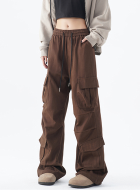 BWKA美式复古咖色工装裤女男夏季多口袋阔腿休闲裤宽松直筒拖地裤