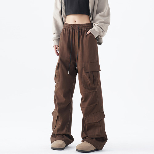 BWKA美式复古咖色工装裤女男夏季多口袋阔腿休闲裤宽松直筒拖地裤