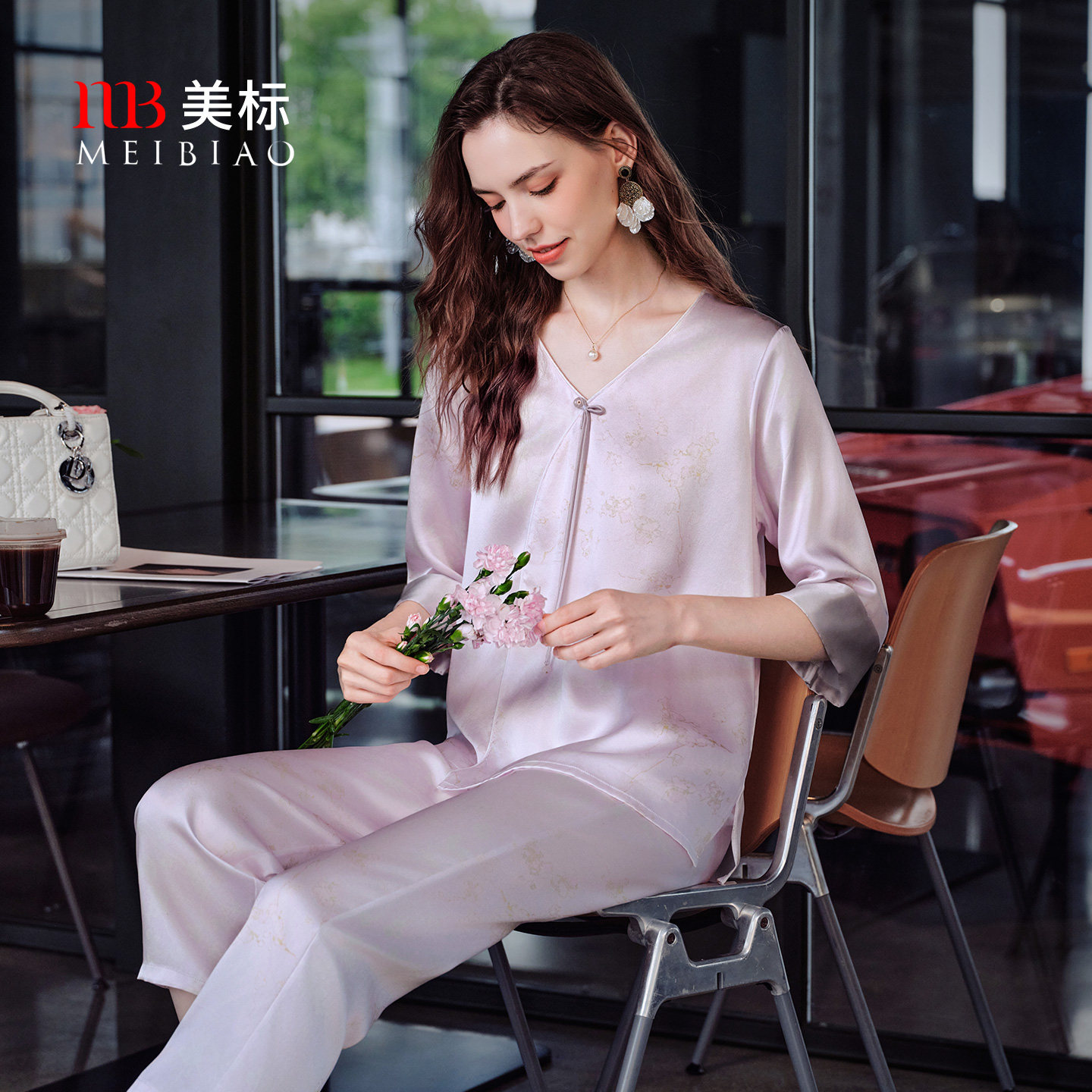 美标春秋新款真丝睡衣女桑蚕丝新中式国风长袖家居服套装丝绸睡衣