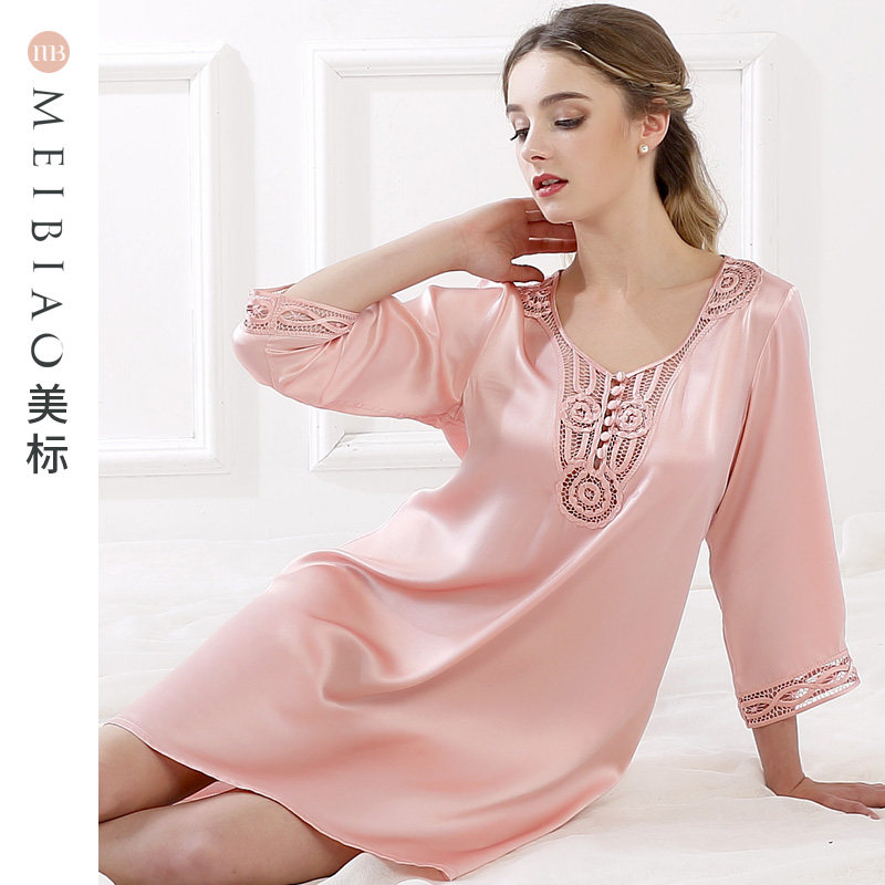 美标长袖真丝睡衣女士夏季重磅桑蚕丝睡裙春秋丝绸性感薄款家居服