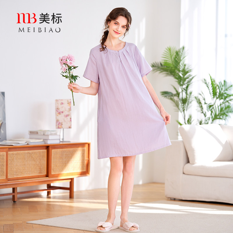 美标新款短袖纯棉睡裙女夏薄款甜美全棉睡衣可外穿双层棉纱家居服