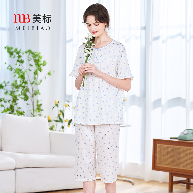 美标女士纯棉贡缎短袖七分裤套装