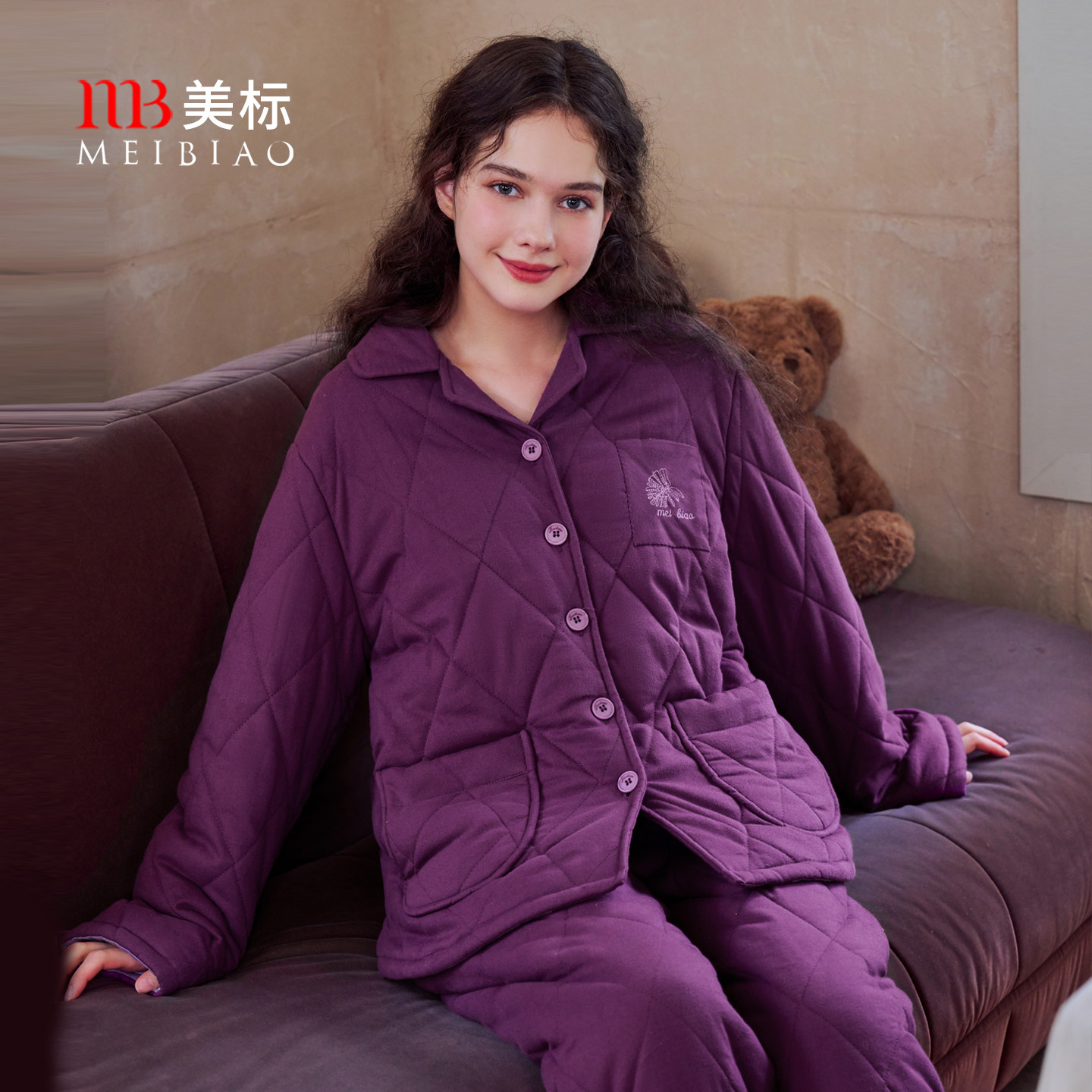 美标三层加厚夹棉女士纯棉睡衣套装秋冬咖啡碳全棉长袖休闲家居服