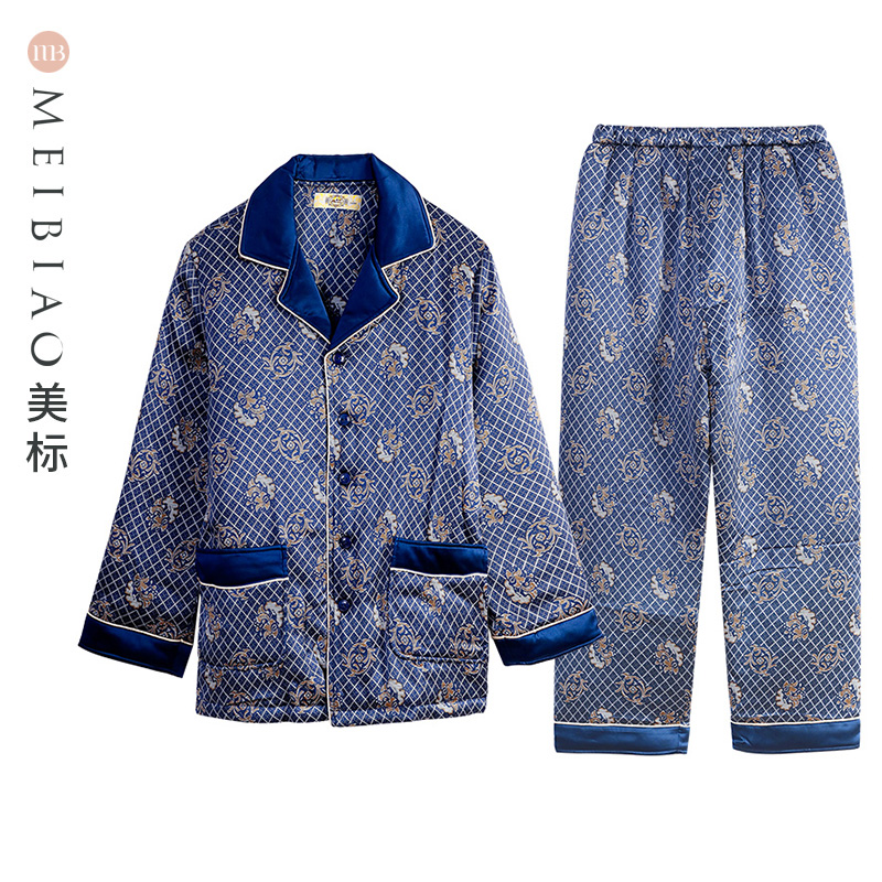 美标秋冬男士长袖真丝夹棉睡衣两件套装加厚轻奢丝绸桑蚕丝家居服