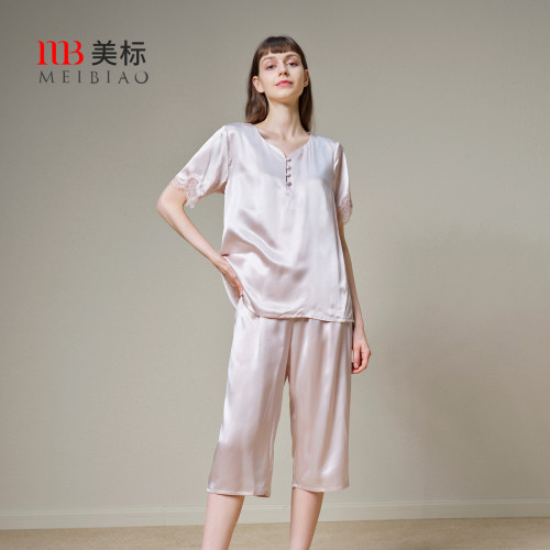 美标女士真丝短袖睡衣套装送妈妈
