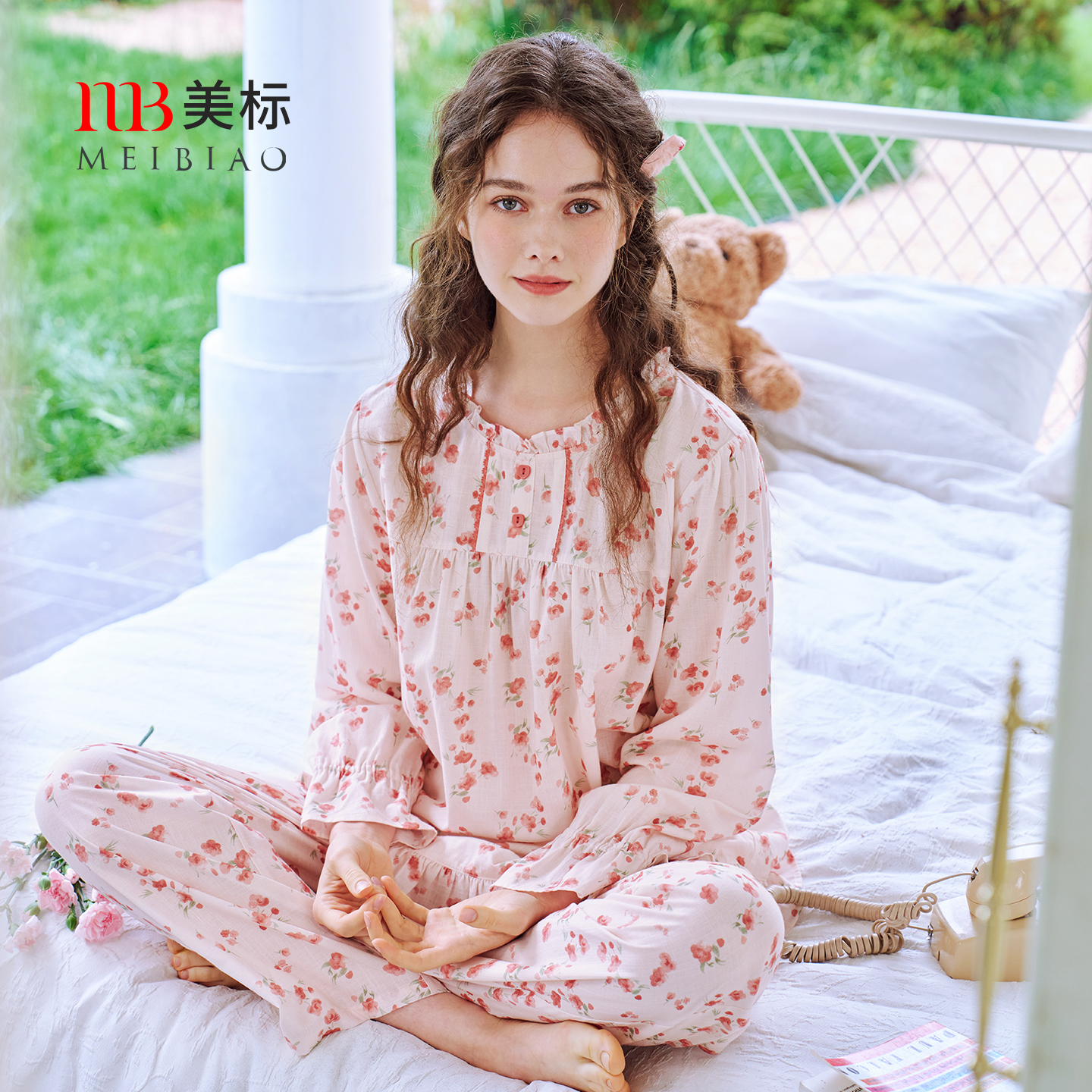 美标女士梭织棉印花长袖套装