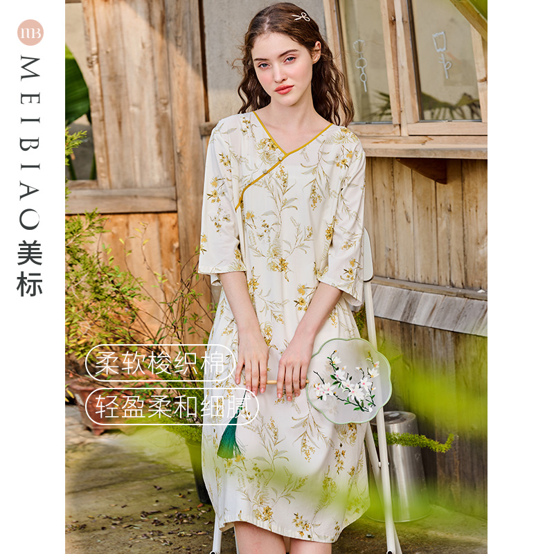 美标新款棉质睡裙女春夏薄款复古中国风国潮睡衣甜美可外穿家居服