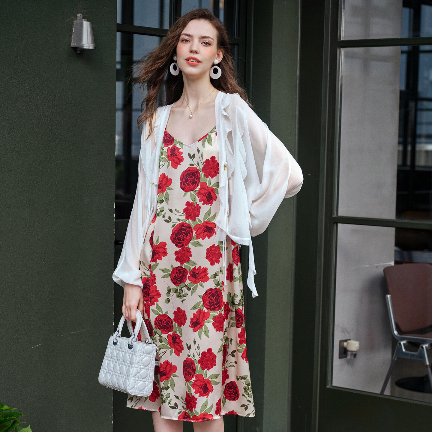 美标女士春夏长袖外搭上衣对丝荷叶边飘带雪纺衫薄款遮阳开衫披肩